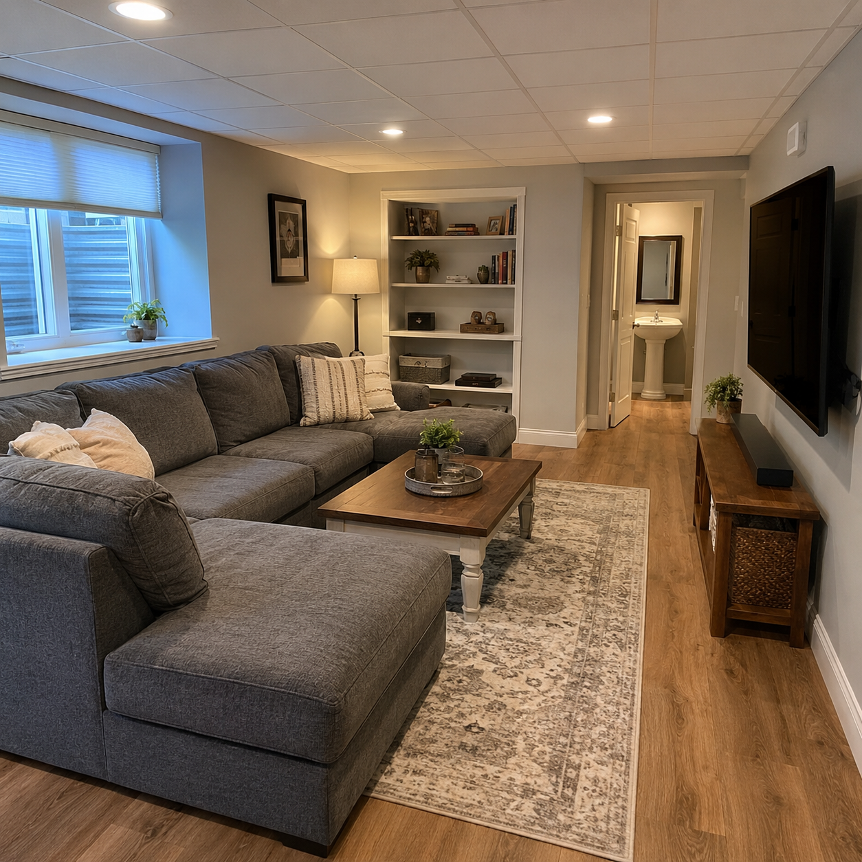 Family Room Basement Finishes by WM Construction, Centerville, MA