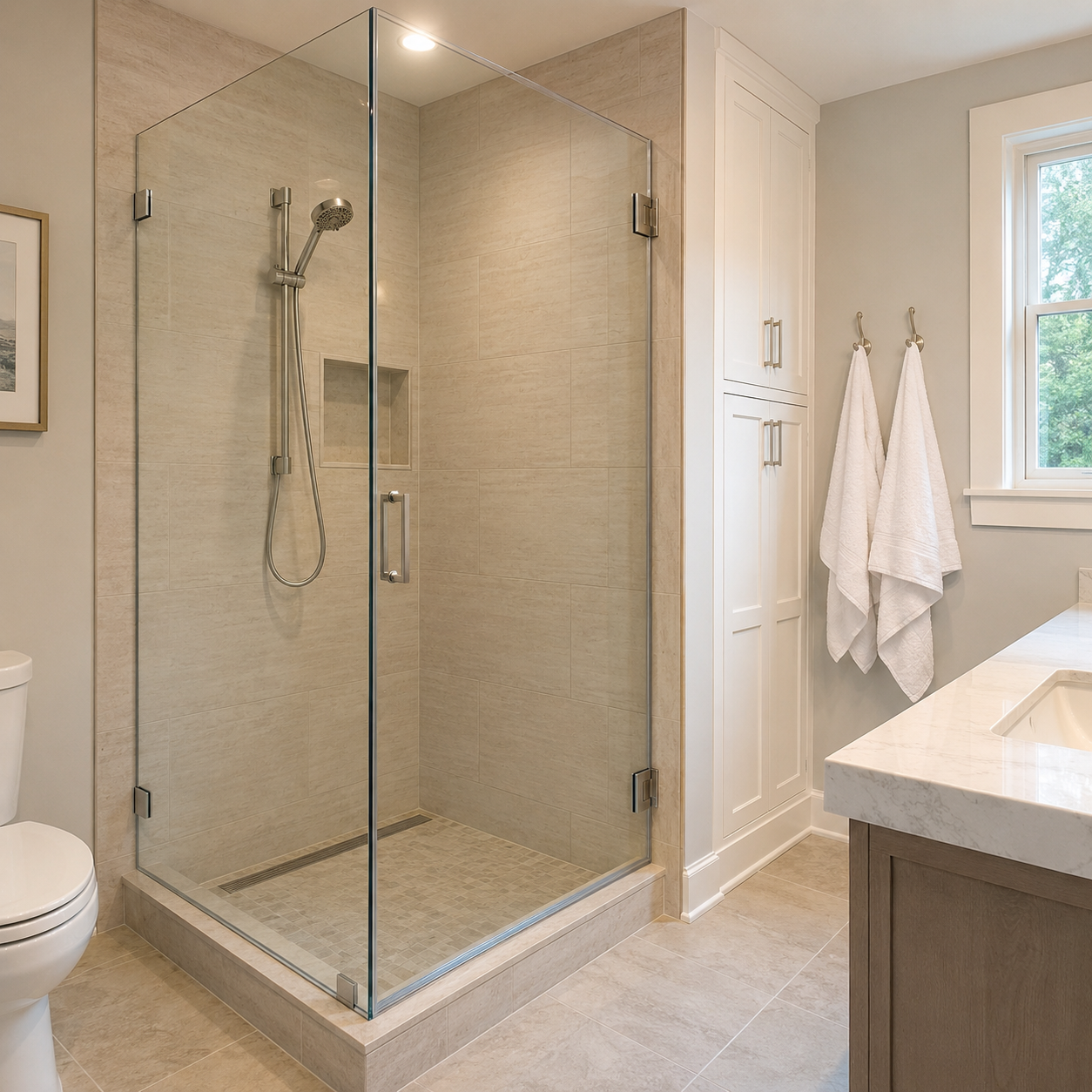 Corner Walk-In Shower with Two Glass Panels by WM Construction, Centerville, MA