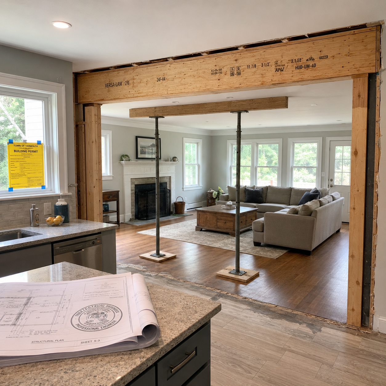 Single Load-Bearing Wall Removal With Engineered Beam by WM Construction, Centerville, MA