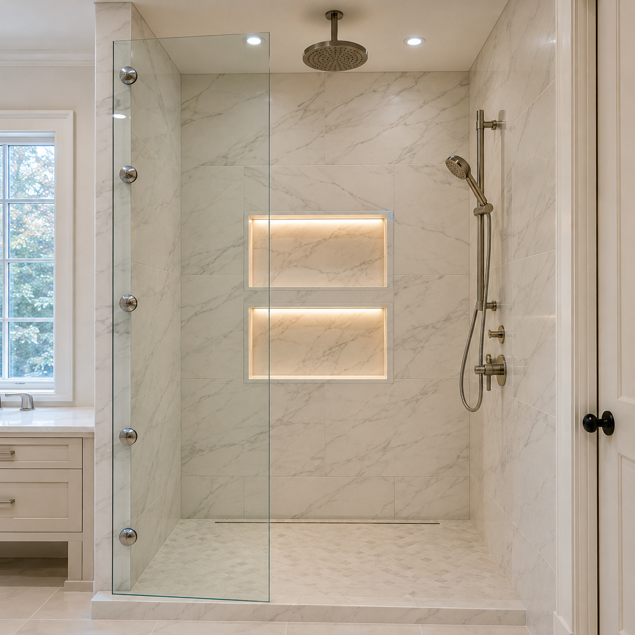 Tile-to-Ceiling Frameless Walk-In Shower by WM Construction, Centerville, MA